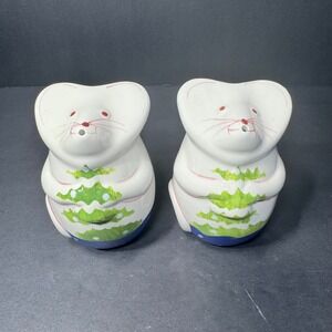 Laurie Gates‎ Christmas Mouse Salt and Pepper Shakers Ceramic Holiday Tree Blue